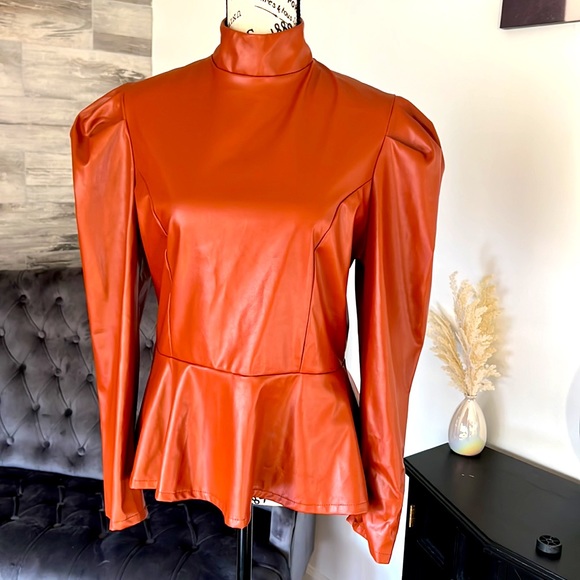 Faux Leather Mock Neck Top - Picture 2 of 4